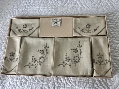 Irish Cabin  Trolley Set Linen Ecru Embroidered Napkin Set Of  6 Pc
