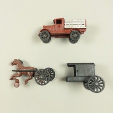 Vintage Cast Iron Toy Lot Red Stake Truck and Horse Drawn Buggy Diecast 3 Piece