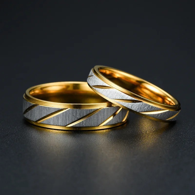 Matching Couple Rings for Men & Women, Unique Wave Design Stainless Steel Weddin