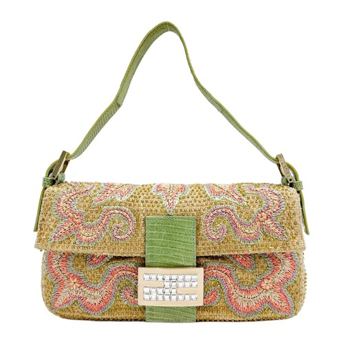 FENDI Baguette Pale Green Beaded Python Embossed Leather Shoulder Bag