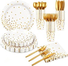 Xiangqu White Gold Paper Plates and Napkins, 25 Set Disposable Dinnerware