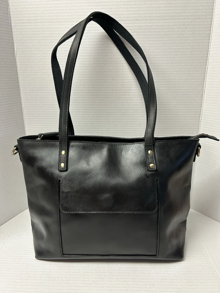 S-ZONE Women Genuine Leather Satchel Double Shoulder Straps Daily Tote Black - Image 3 of 4