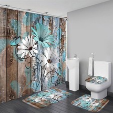 AZHM Farmhouse Flower Floral Shower Curtain Set 4pcs Rustic Teal Turquoise Daisy