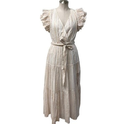 ASTR The Label Maxi Dress Womens Large Off White Gold Metallic Stripe Ruffle