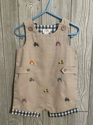 Mudpie Boys Farm Schiffli Gingham Shortall Size 12-18M Khaki   - NEW w/Tags