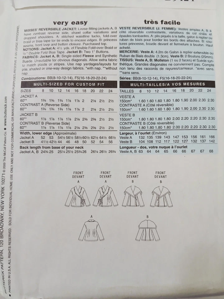 Patrón de costura Butterick 5424 BB. Chaqueta reversible Misses talla 8, 10, 12, 14 Foto 2 de 3