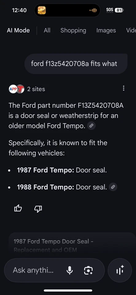 Nuevo OEM F13Z5420708A Ford 1987-1988 Tempo RT sello de puerta lateral resistente al clima Foto 2 de 4