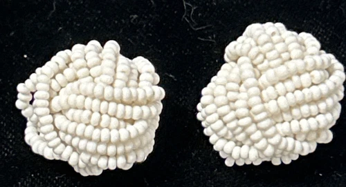 White Seed Bead Cluster Clip On Earrings Twisted Vintage Costume Jewelry