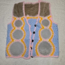 Vintage 70s Crochet Suede Patchwork Vest Groovy Hippie Boho Festival Small Pet.