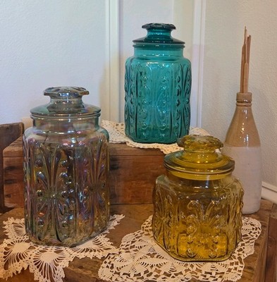 Lot of Three Glass Canisters Kitchen Decor/Storage Teal Yellow Translucent