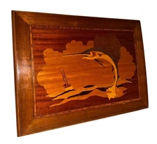 Vintage Wooden Marquetry Ocean Scene Wall Art Sailfish & Boat