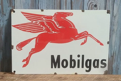Vintage 12" Mobilgas Porcelain Metal Sign Mobil Oil Gas Pegasus