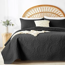 Black Quilt Set King/Cal King Size, Embossing Microfiber Bedspreads With