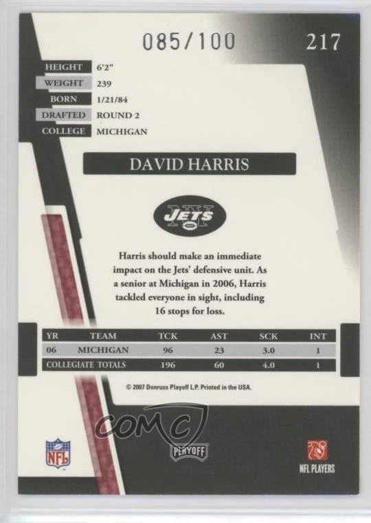 2007 Playoff Absolute Memorabilia Spectrum Black /100 David Harris Rookie RC - Image 2 of 2