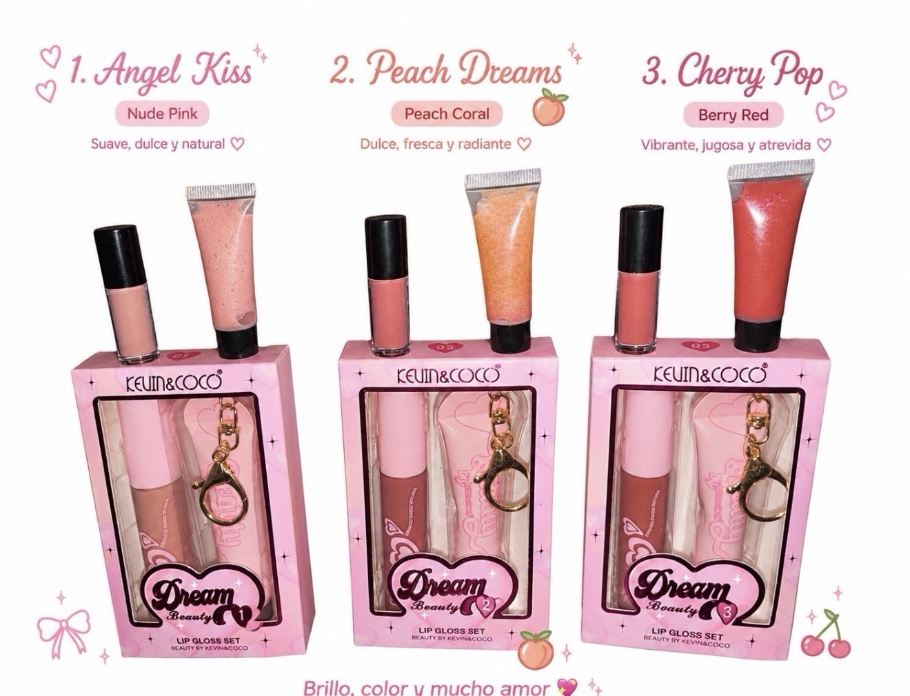 KEVIN&COCO Dream Beauty 2pc Lip Gloss Set Nude Pink/Coral/Red
