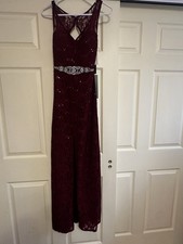 Burgundy Lace Sequin Sleeveless Backless V-Neck Long A-line Prom Formal dress