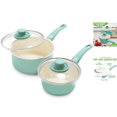 Dishwasher Safe Soft Grip 1QT & 2QT Saucepan Set - Toxin-Free Ceramic, Turquoise