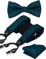 Mens Suspenders Elastic Paisley Wedding Suspender Green Pretied Bow Tie and P...
