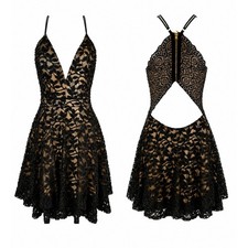 Whimsigoth Y2K Fairy Grunge Lace Overlay Babydoll Dress Size L Black Cutout Back