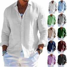 Mens Cotton Linen Beach Shirts Summer Grandad Solid Casual T Shirt Blouse Tops