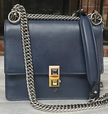 Fendi Kan Bag Leather Small Blue Handbag with chain strap Bag