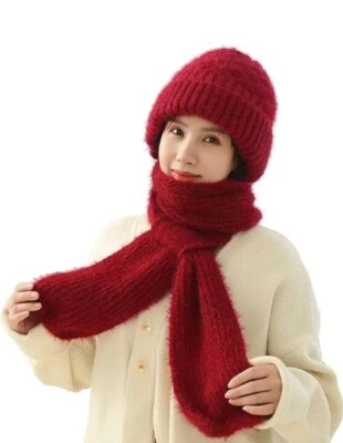 NEW! Women's Red Knit Winter Beanie With Attached Scarf