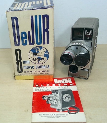 Vintage 1950s DeJUR Electra Regular 8mm Movie Camera with 3-Lens Turret Untested