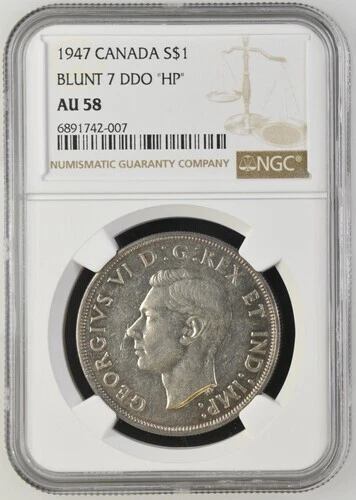 1947 Blunt 7 DDO 'HP' Canada Silver Dollar - NGC AU 58 George VI -BT158