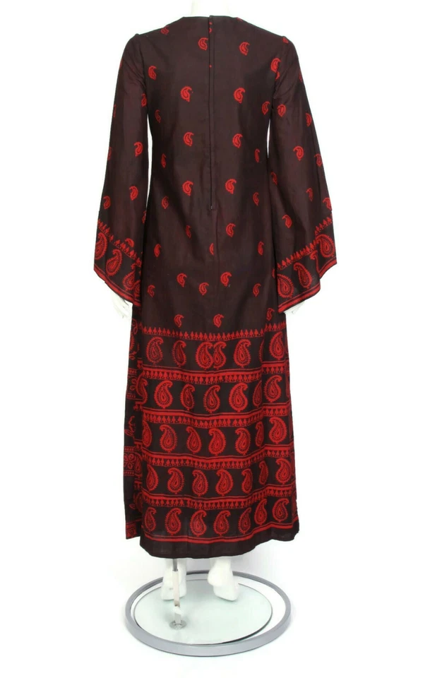 Maxi Vestido De Colección Años 70 Indio Marrón Rojo Cachemira Floral Corbata Frontal Manga Campana/842 Foto 4 de 4