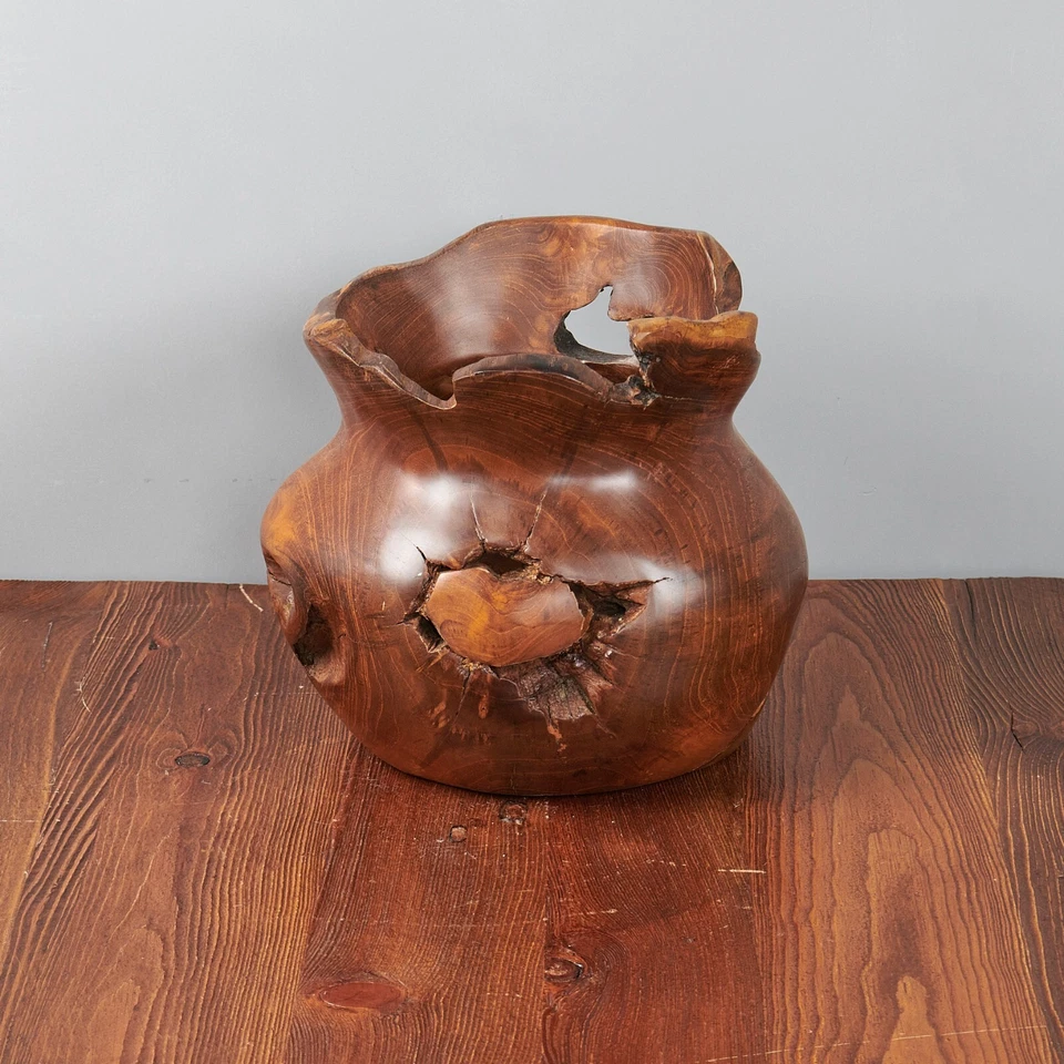 Natural Teak Root Shallow Bowl Vase 9.8'' Hand-Carved Wooden Modern Farmhouse - Image 2 of 4
