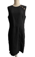 TORY BURCH Black Sheath Dress With gold Buttons Size Large Linen Blend Viscose
