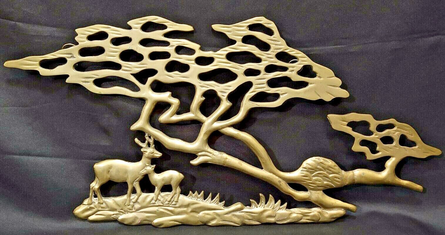 Vintage Brass Wall Art India Wildlife Deer Elk Forest Landscape Scene Large Solid Decor-image