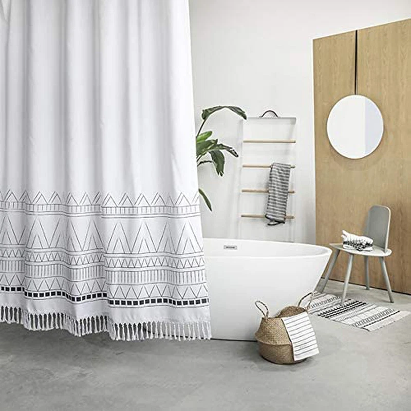 Fabric Shower Curtain 84 Inch Extra Long Tassel Striped Bathroom