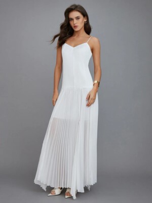 BNWT COMMENSE Boho White Satin Spaghetti Strap Long Maxi Pleated Dress  Medium | eBay