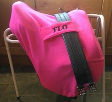 PINK Embroidered PERSONALISED Fleece SADDLE COVER + GIRTH Loops GP or DRESSAGE