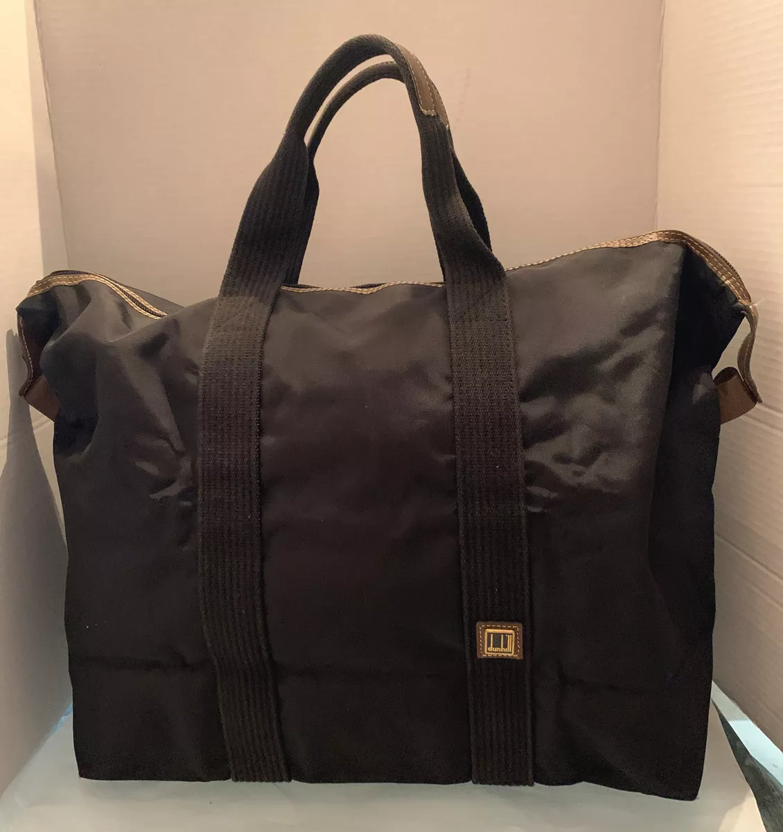 Dunhill Large Soft Duffle Tote Travel Bag Black Canvas W Brown Trim Vintage