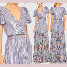 NWT $798 Mac Duggal [ 12 ] 5637 Flounce Sleeve V Neck Gown A Line Lilac #Q1118