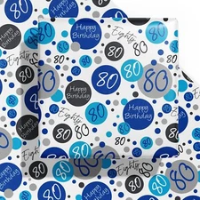 Birthday Wrapping Paper Sheet - 6 Sheets Blue 80th Birthday Design Folded Fla...
