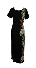Hawaiian Party Luau Long Rayon Hibiscus Floral Sleeve Tank Black Sundress-S-3XL