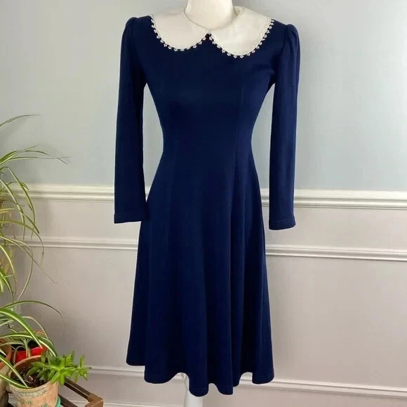 Vintage Petite Lang Midi Dress Peter Pan Collar Wednesday Addams Size 4 - Image 2 of 4