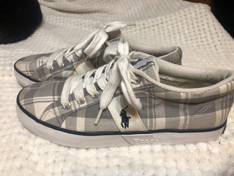 Ralph Lauren POLO Giles Niños Jóvenes Tenis Talla 5 Gris Blanco Cuadros Madras Usadas en Excelente Condición Foto 2 de 4