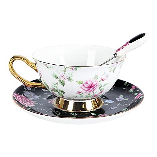 fanquare Set Tazza da tè e Piattino in Bone China di Rose e Farfalle, (d7G)
