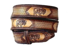 BUFFALO BILL WOOD BOVINE BISON HUNTING PLAINS INDIAN LEATHER BELT  BUCKLE USA