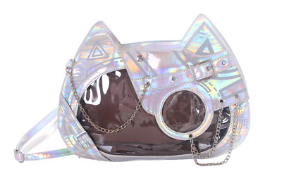 LB-6149-3 Katze Cyber Cat duchsichtiges Fach Goth 2in1 Tasche Pu Silber Hologram