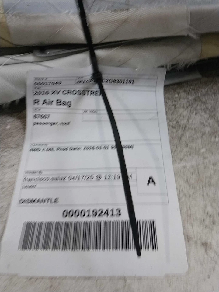 2016 Subaru XV Crosstrek Right Curtain Air Bag Silver 81K Miles OEM 452236 - Image 2 of 4