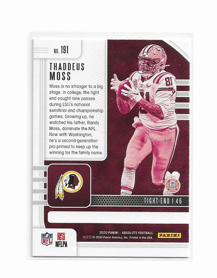 Thaddeus Moss 2020 Absolute Yellow Dollar Tree Rookie RC Card #191 LSU Tigers  - Image 2 of 2