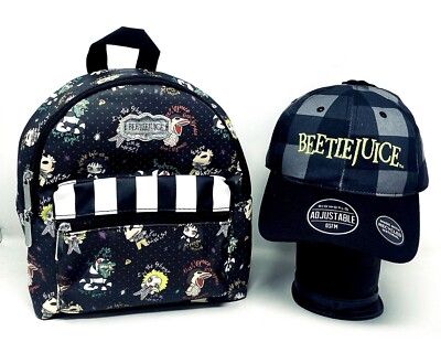 BEETLEJUICE Movie Logo Bioworld Plaid Hat/Cap & All Over Print Mini Backpack!
