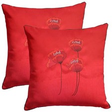 Set of 2 Embroidered Red Poppy Floral Poppies Silk Red Cushion Covers 17" £11.99