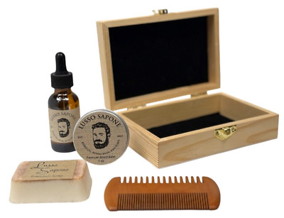 Gift for Him Beard Grooming Kit Oil Balm Soap Comb Wooden Box Set