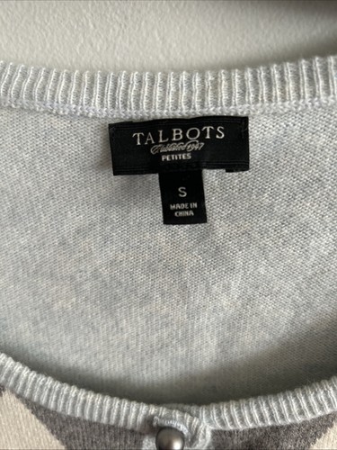 Talbots Petite Small Lambswool Angora Blue Gray Argyle Cardigan Sweater - Picture 3 of 5
